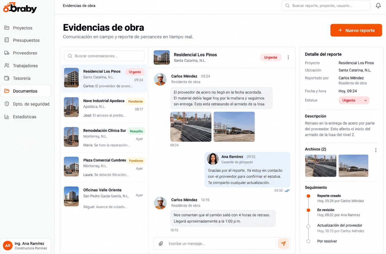 Evidencias de obra con reportes, fotos y seguimiento en Obraby