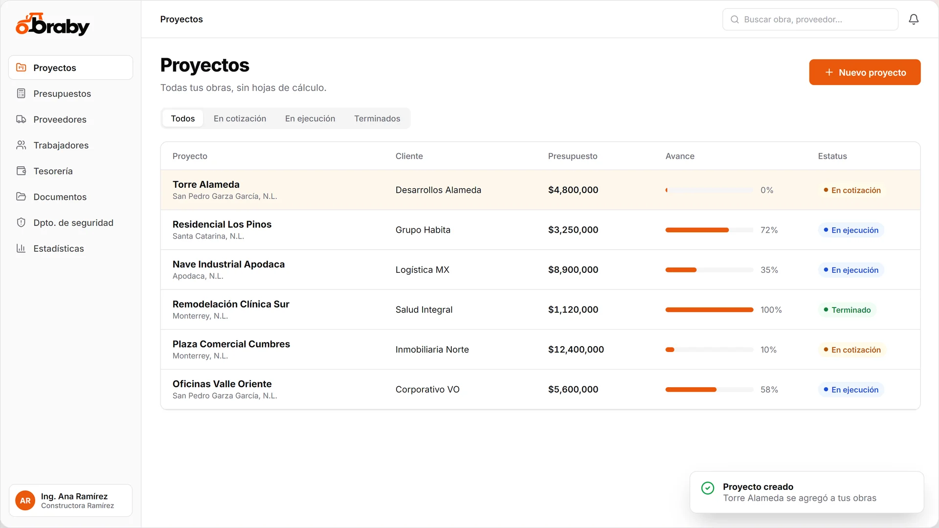 Lista de proyectos en Obraby con presupuesto, avance y estatus