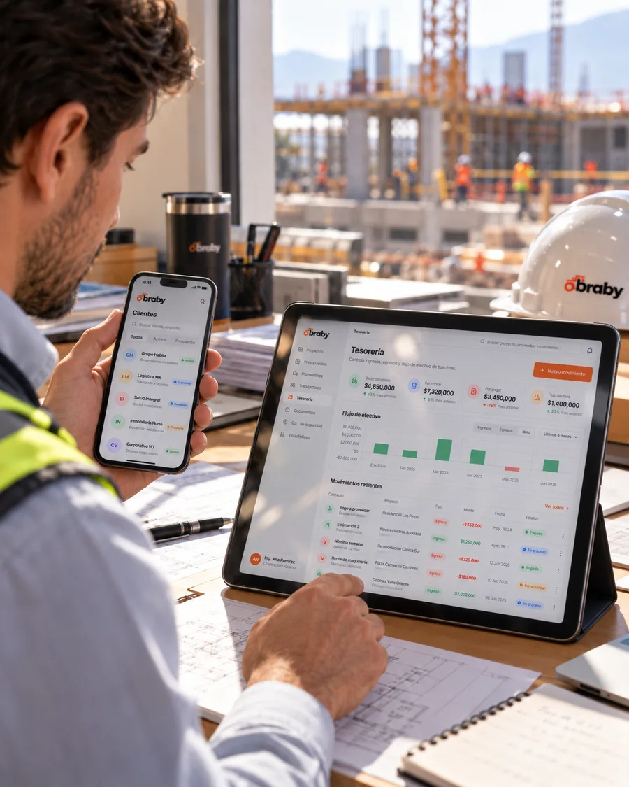 Administrador revisando la tesorería y los clientes de Obraby en tableta y celular